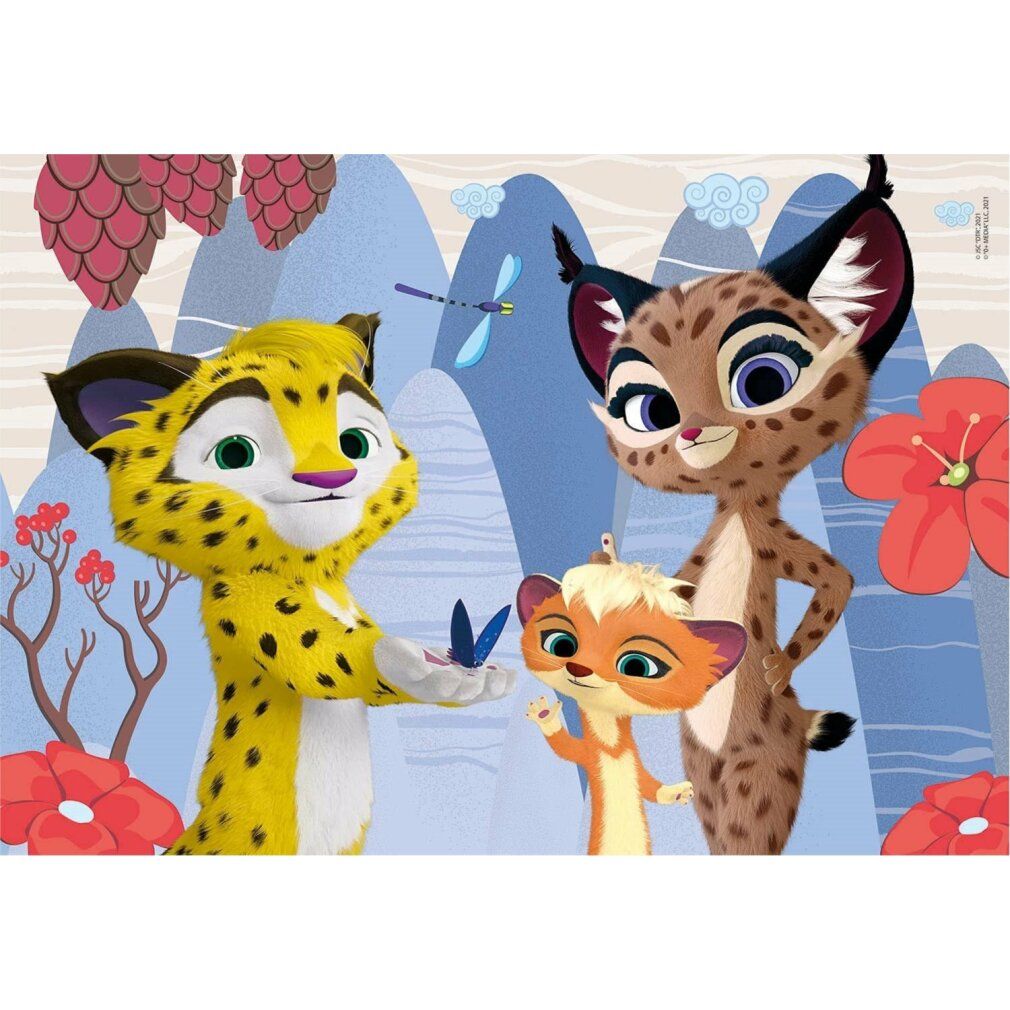 Motivo puzzle con Leo, Tig e altri personaggi. Tig in rosso, gli altri in blu e nero. Sfondo con alberi e fiori.