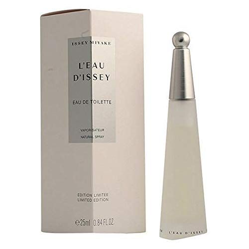 Flacone di profumo e confezione. Scritta 'Issey Miyake L'Eau d'Issey Eau de Toilette'.