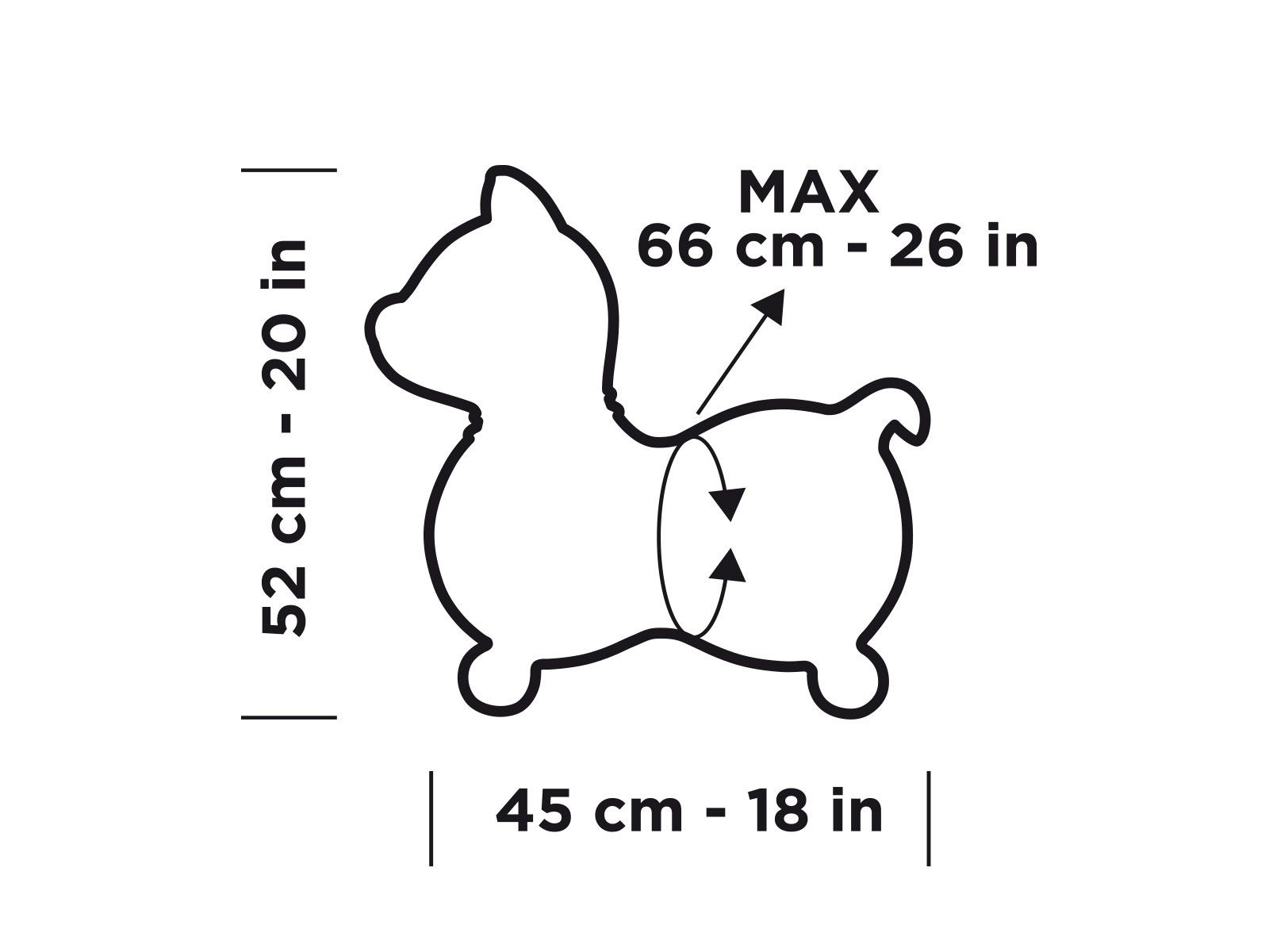 Disegno di un Gymnic KODY. Dimensioni: 52 cm altezza, 45 cm larghezza, max. 66 cm.