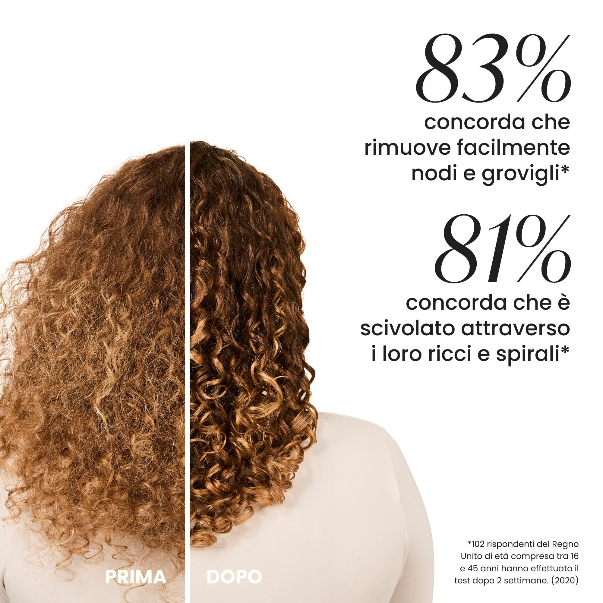 Immagine prima e dopo di capelli ricci. Testo: L'83% concorda che rimuove facilmente nodi e grovigli.