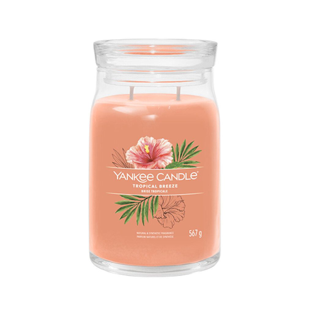 Candela in vetro rosa con coperchio. Etichetta con fiori e scritta 'Tropical Breeze'. Peso: 567 g.