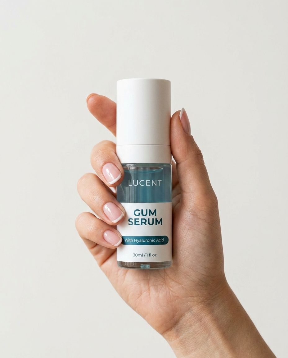 Mano che tiene un flacone di siero gengivale. Flacone con siero blu, tappo bianco. Scritta "LUCENT", "GUM SERUM".