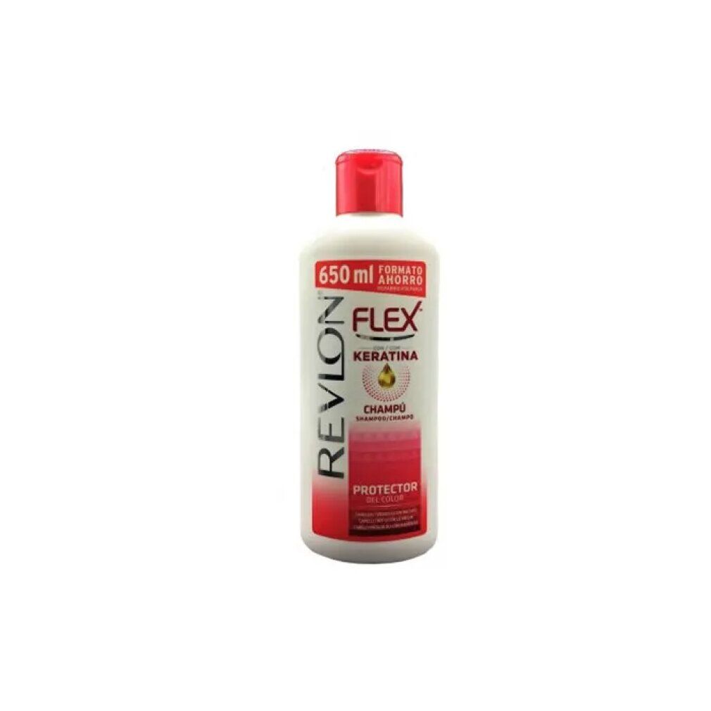 Shampoo Revlon Flex bianco con tappo rosso. Scritta: Flex Keratina, Champú, Protector. 650 ml.
