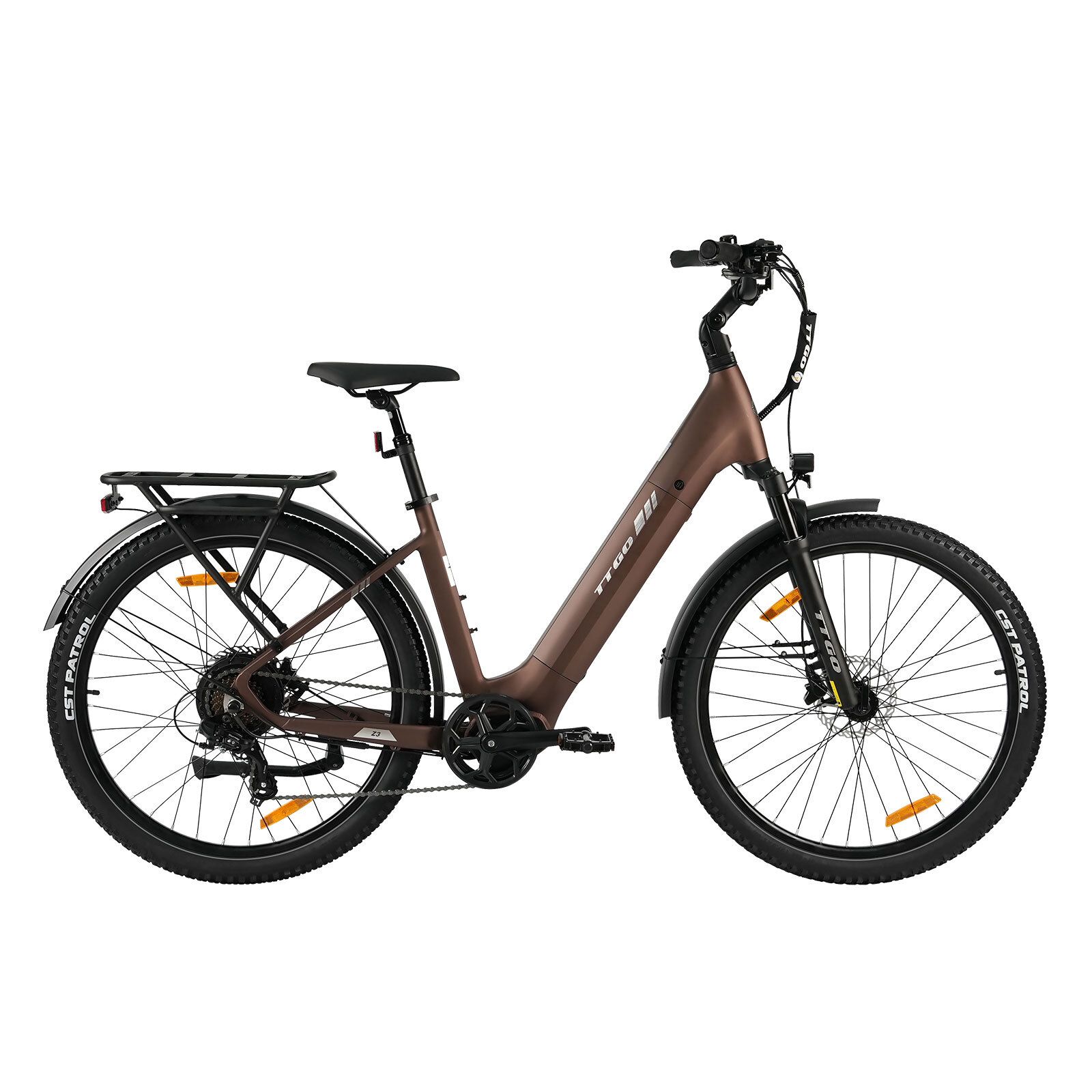 Bicicletta elettrica marrone con pneumatici neri, parafanghi e portapacchi. Freni a disco idraulici.