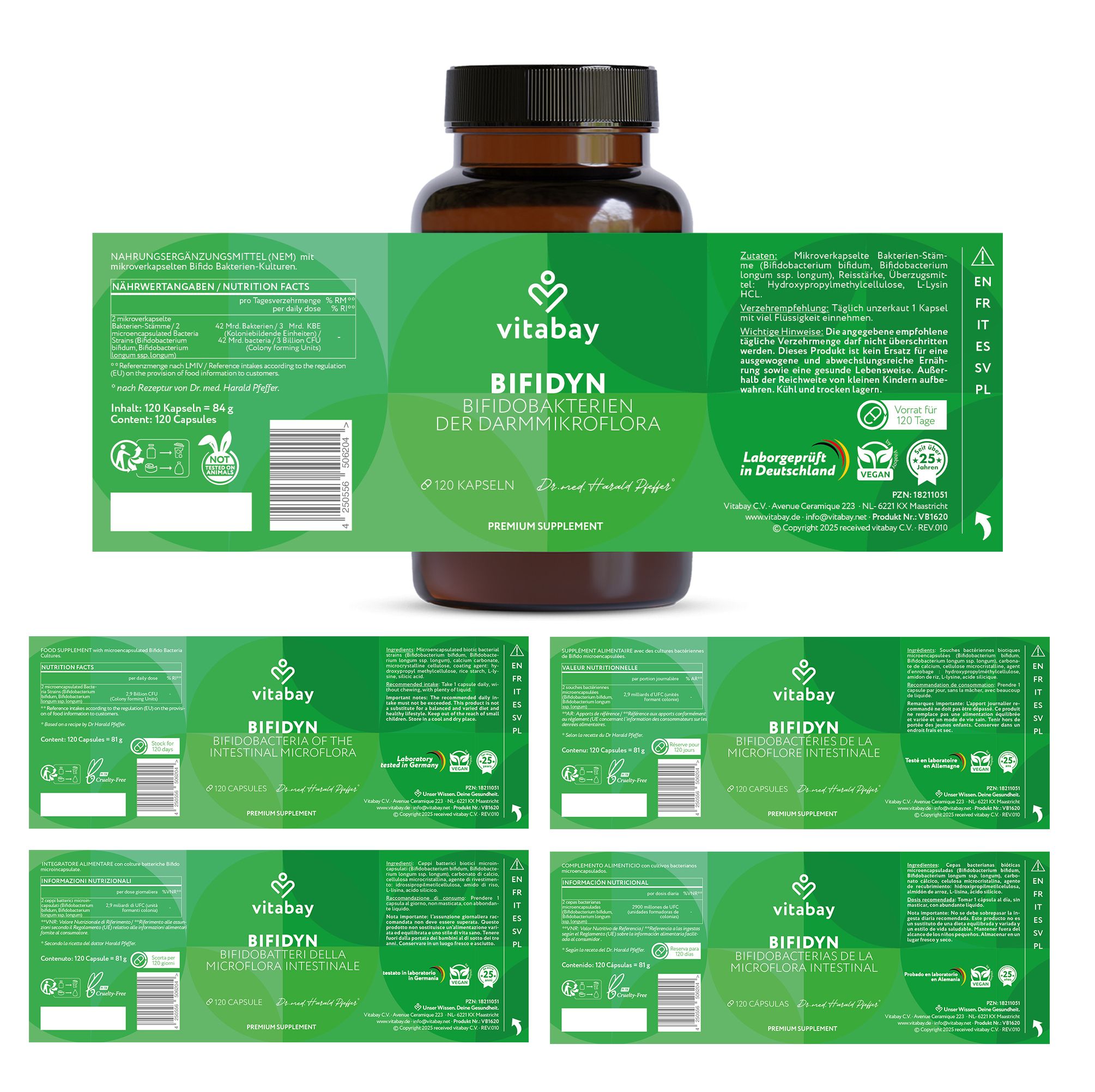 Flacone marrone con etichetta verde. Diverse etichette con informazioni sul prodotto. Testo: Bifidyn, 120 capsule. Logo Vitabay.