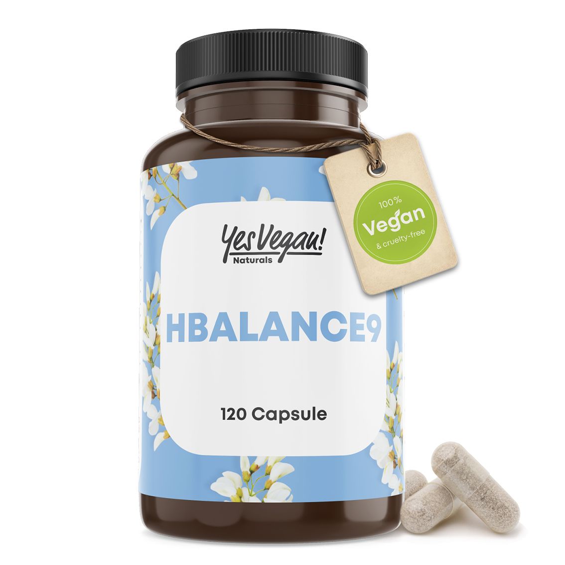 Barattolo marrone da 120 capsule, etichetta con motivo floreale e sigillo "100% Vegan".