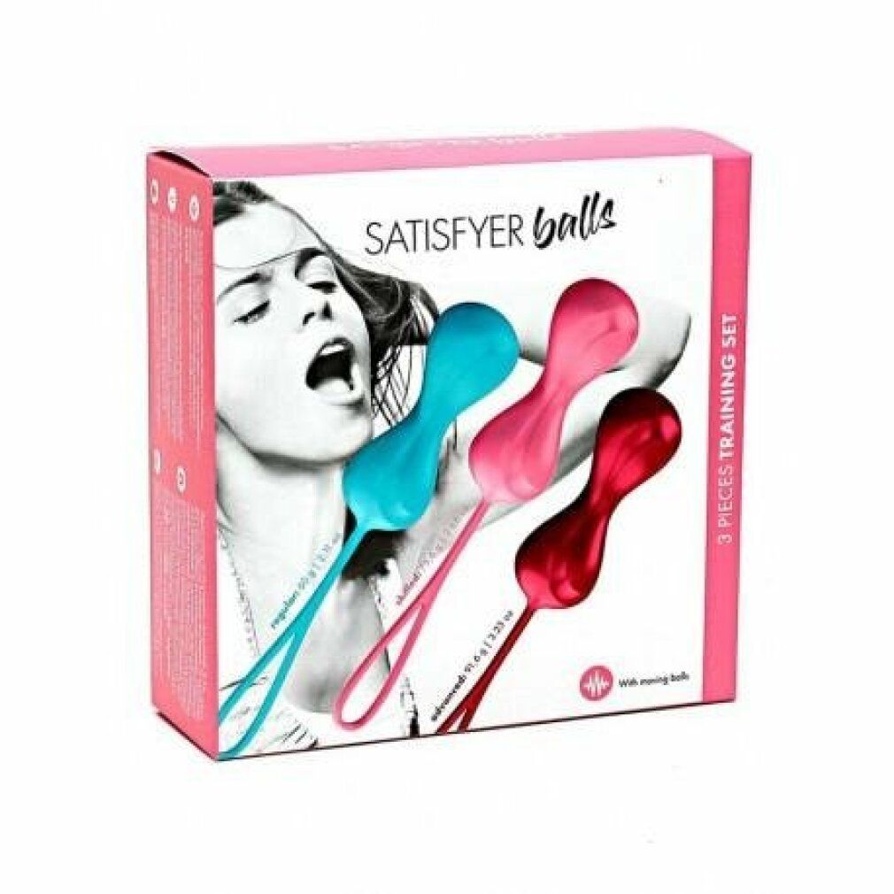 Confezione rosa con tre palline da allenamento colorate. Marchio: Satisfyer. Testo: 3 Pieces Training Set.