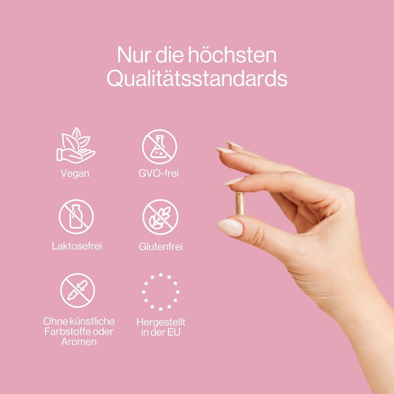 Mano che tiene una capsula. Scritte: Vegano, senza OGM, senza lattosio, senza glutine, senza aromi artificiali, prodotto in UE.