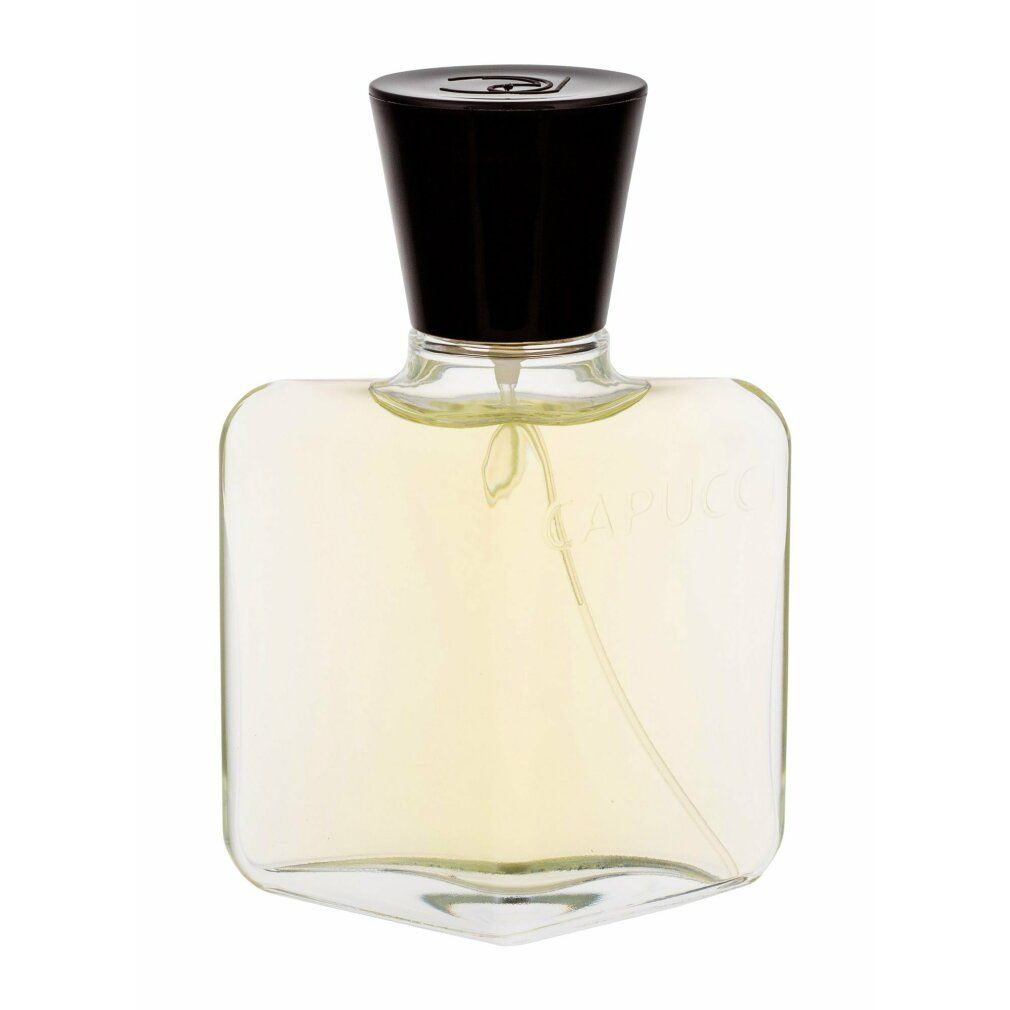 Flacone di Capucci Pour Homme Eau de Toilette. Tappo nero, flacone rettangolare. Flacone trasparente con liquido giallastro.