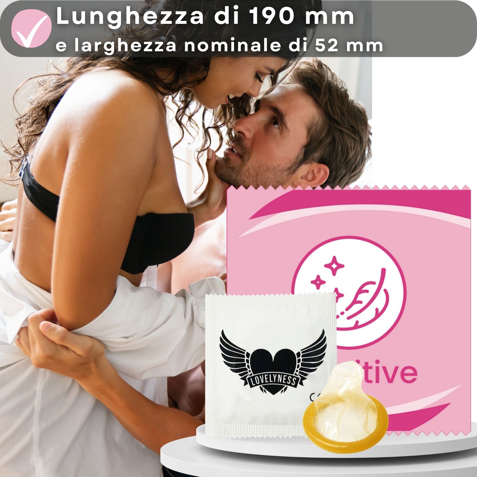 Coppia, confezione di preservativi e preservativo. Lunghezza 190 mm e larghezza nominale di 52 mm.