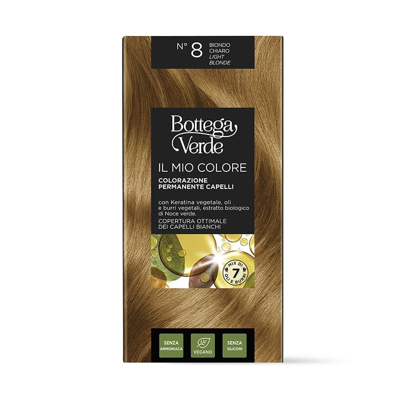 Confezione di colorazione per capelli. Biondo Chiaro N 8. Marchio Bottega Verde. Colorazione permanente. Contiene cheratina e oli vegetali.