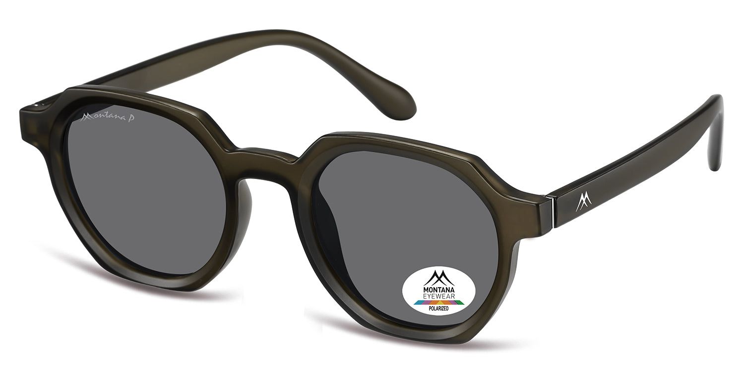 Occhiali da sole con lenti grigie e montatura verde oliva. Il logo Montana Eyewear è visibile sulla stanghetta e su una lente.