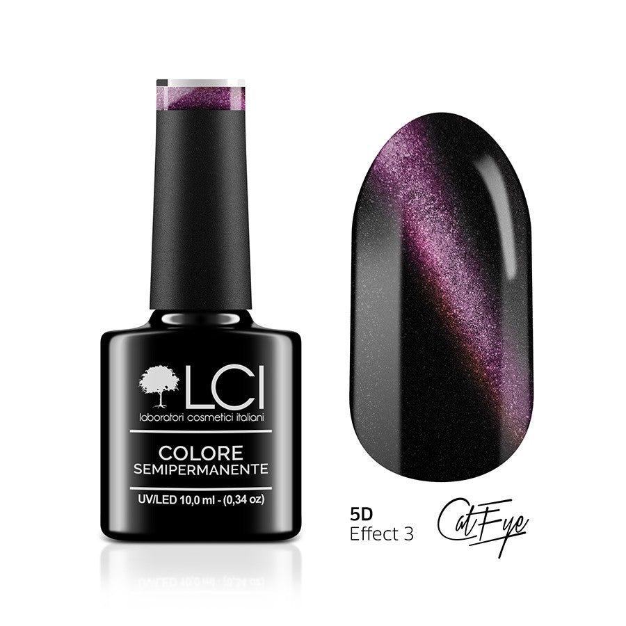 Flacone di smalto con tappo nero e motivo smalto. Scritta: LCI, COLORE SEMIPERMANENTE, UVLED.