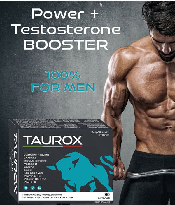 Scatola nera con "TAUROX" e un uomo sullo sfondo. Contiene 90 capsule.