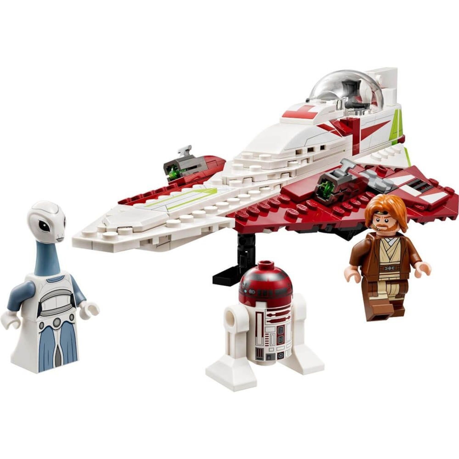 LEGO Star Wars 75333 Jedi Starfighter. Caccia spaziale rossa, bianca e verde con minifigure di Obi-Wan Kenobi e personaggi.