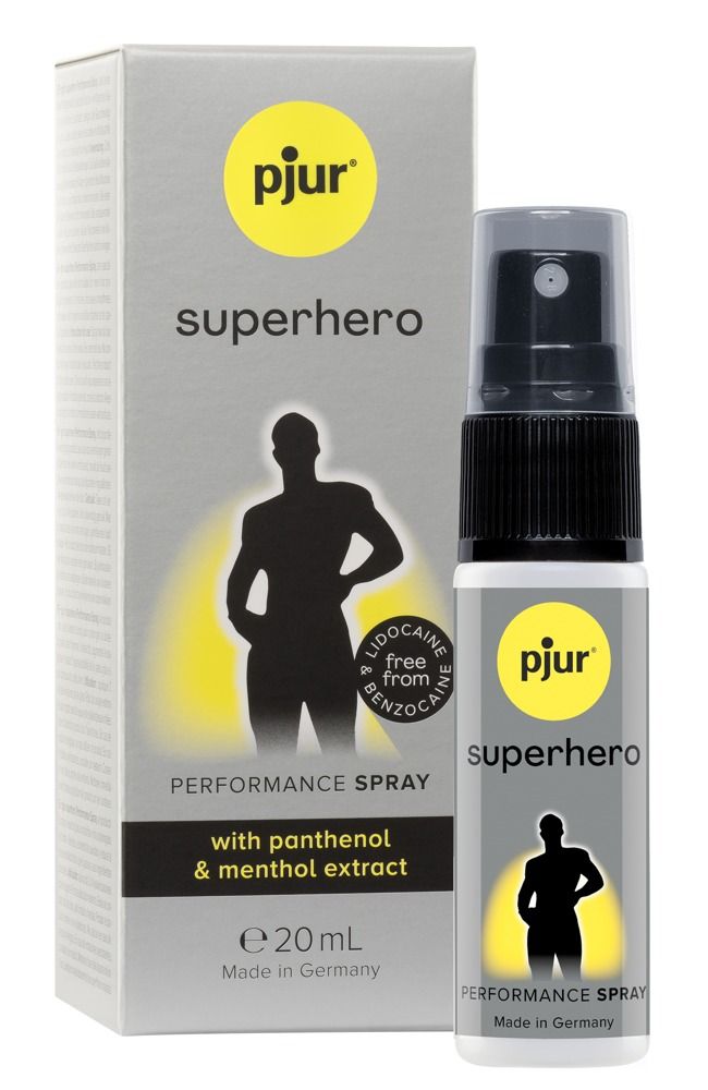 Spray performance pjur SUPERHERO per uomo, flacone e confezione da 20ml.