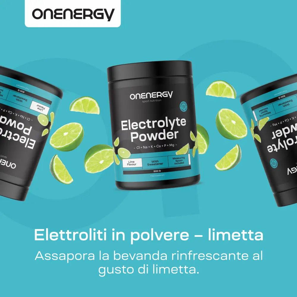 Tre barattoli "ONEENERGY Electrolyte Powder" con pezzi di lime. Testo: "Elettroliti in polvere - limetta".