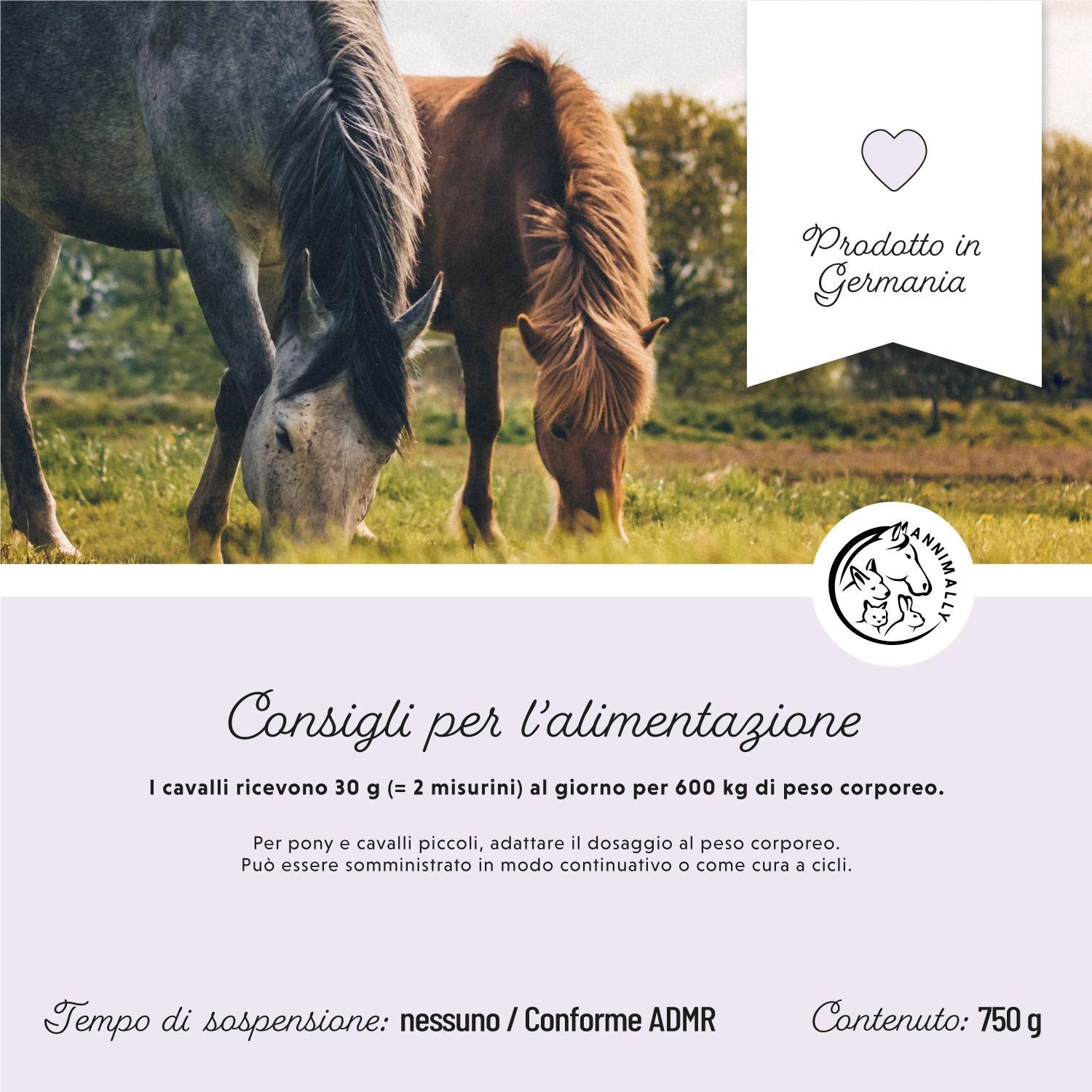 Due cavalli in un prato. Testo: Raccomandazioni per l'alimentazione. Contenuto: 750 g. Prodotto in Germania.