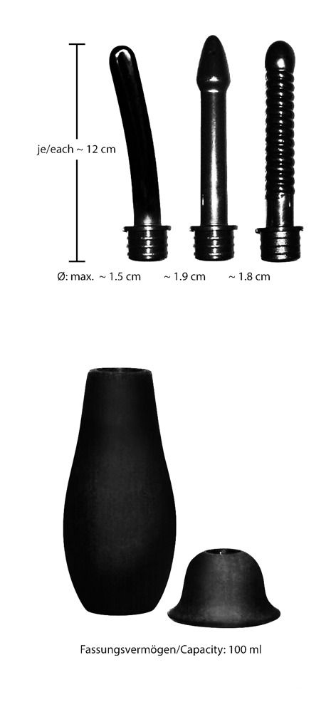 Doccia intima con tre accessori. Dimensioni e capacità indicate. Bottiglia, accessorio e altri tre accessori.