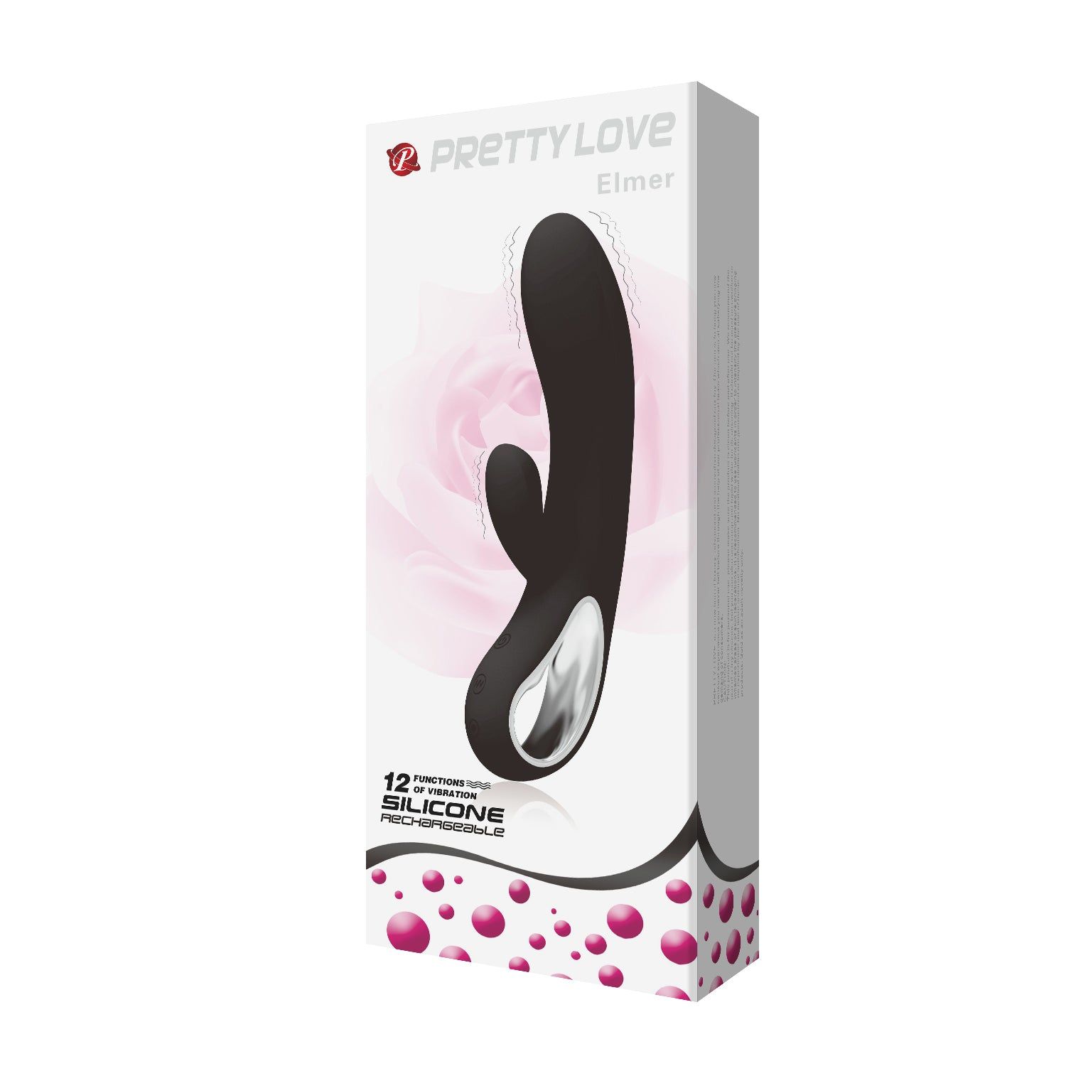 Confezione PRETTY LOVE Elmer. Prodotto illustrato. Testo: 12 funzioni, SILICONE, PECHFREI.