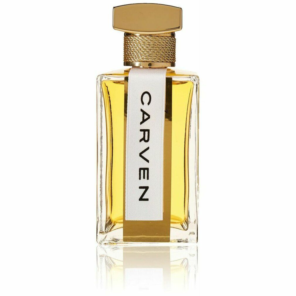 Flacone in vetro con liquido giallognolo. Tappo dorato. Etichetta bianca con scritta nera CARVEN.