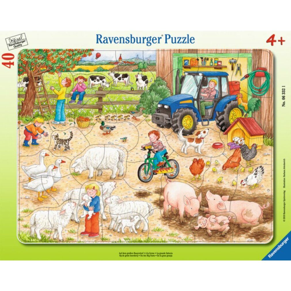 Puzzle "Auf dem großen Bauernhof". 40 pezzi. Scena della fattoria con animali, trattore e persone. Marca: Ravensburger.
