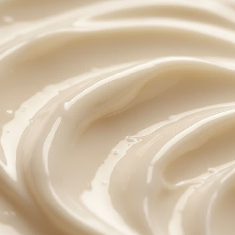 Primo piano di crema beige cremosa. Texture ondulata con riflessi lucidi.