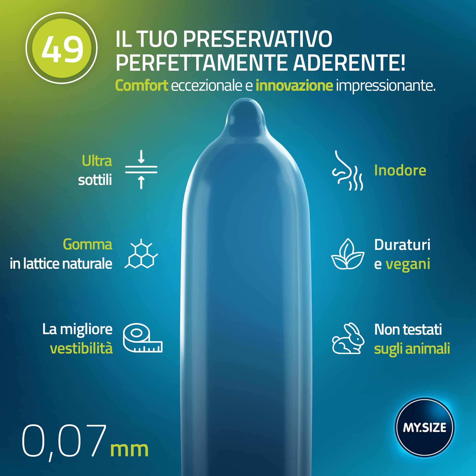 Preservativo MY.SIZE 49: sottile 0,07mm, lattice naturale, vegano, inodore.