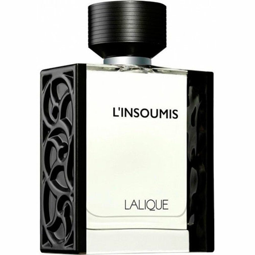 Flacone rettangolare con tappo nero. Scritta: L'INSOUMIS, LALIQUE. Decorazioni nere sui lati.