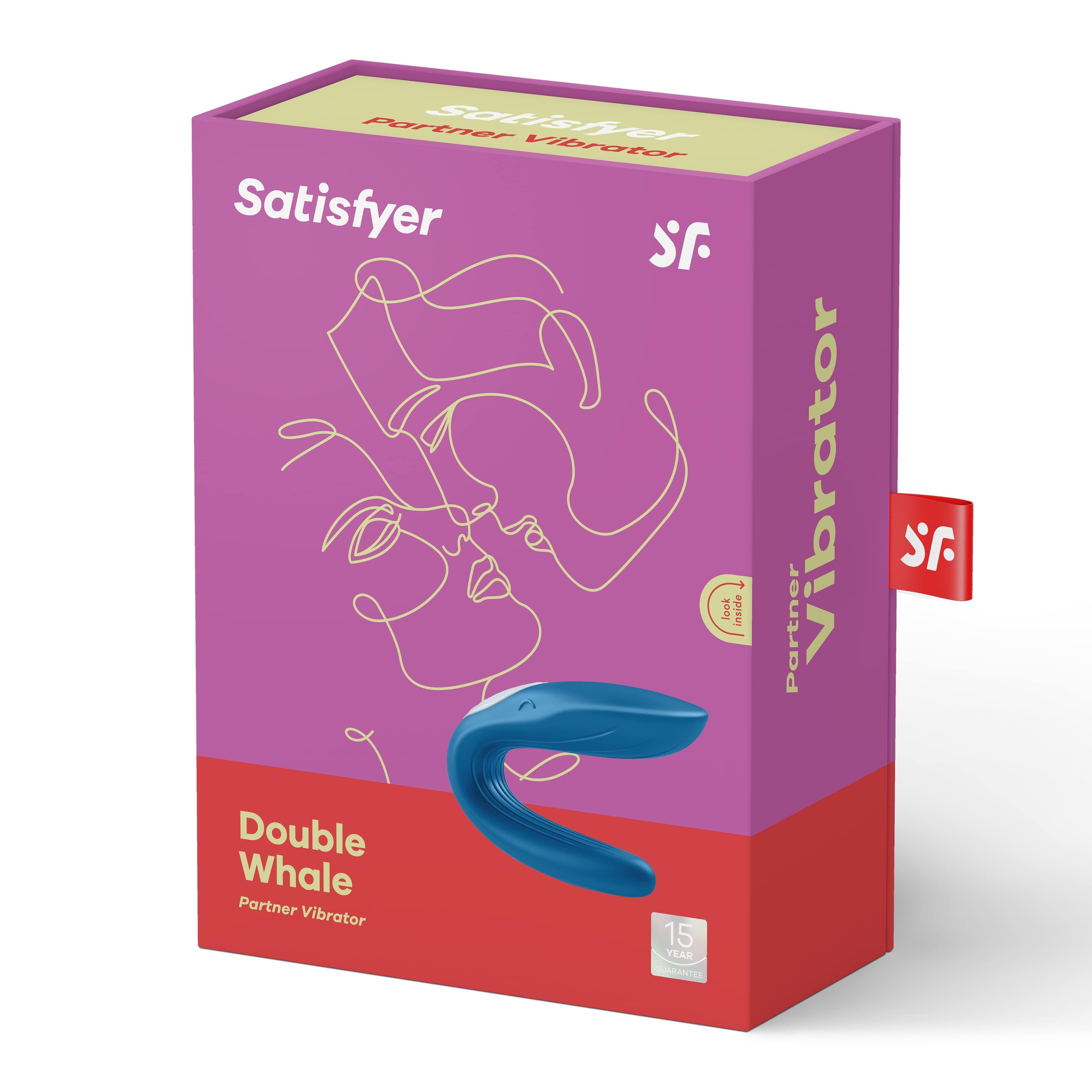 Confezione per Satisfyer Partner Vibrator. Scatola viola con immagine del prodotto e marchio. Contiene Double Whale.