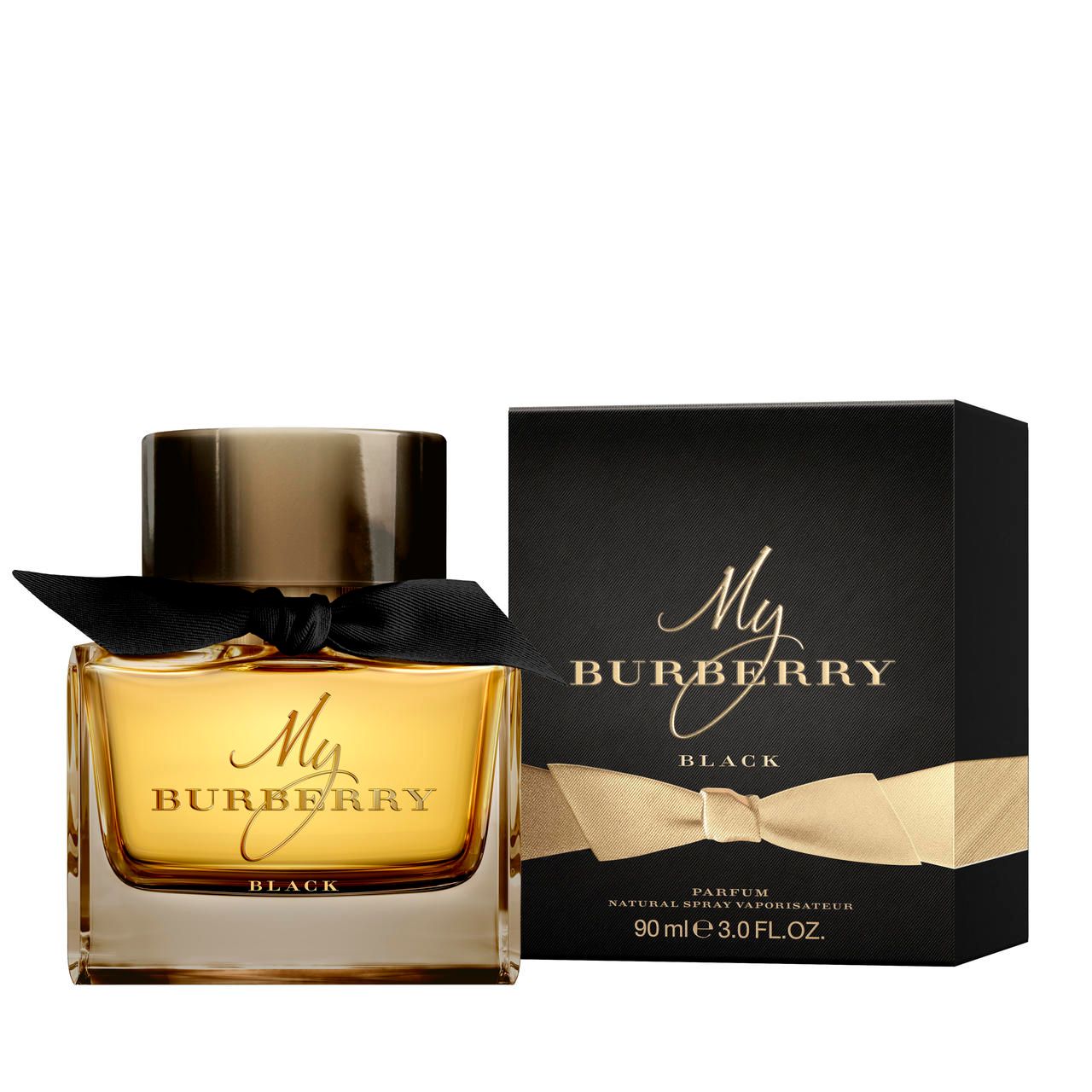 Burberry My Burberry Black E.d.P. Nat. Spray e confezione. Scatola nera con fiocco dorato e scritta.