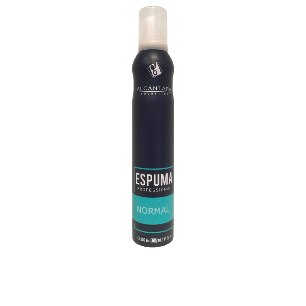 Flacone spray blu scuro con testa bianca. Testo: ESPUMA NORMAL, ALCANTARA COSMETICS. Striscia turchese con testo bianco.
