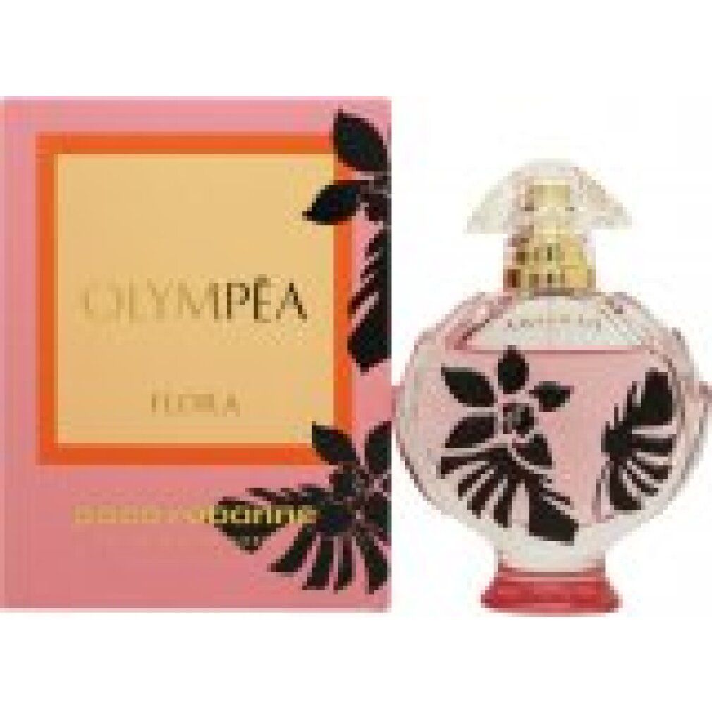 Flacone di profumo rosa con decorazioni floreali nere e confezione rosa con logo. Olympea Flora.