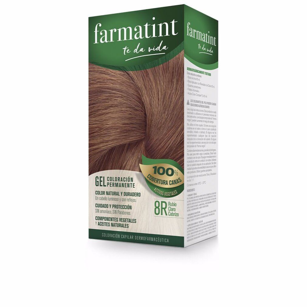 Scatola Farmatint. Tinta Gel 8R, Biondo Chiaro Rame. Confezione verde-marrone con immagine e testo. Copertura 100% capelli bianchi.