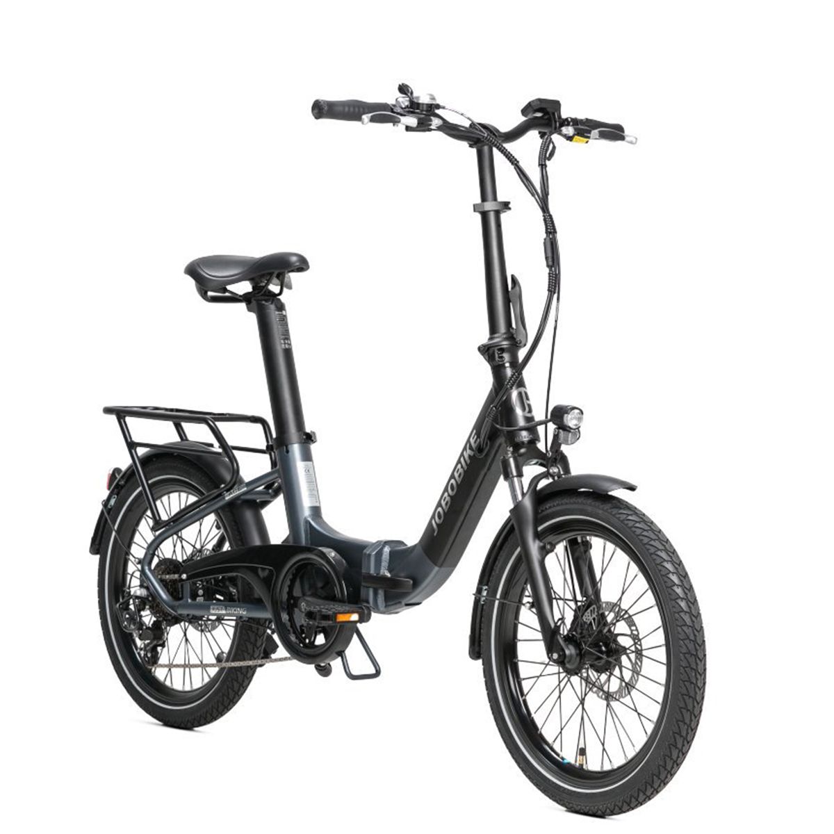 E-bike pieghevole, nero e grigio. Con portapacchi, parafanghi e faro. Logo JOBOBIKE.