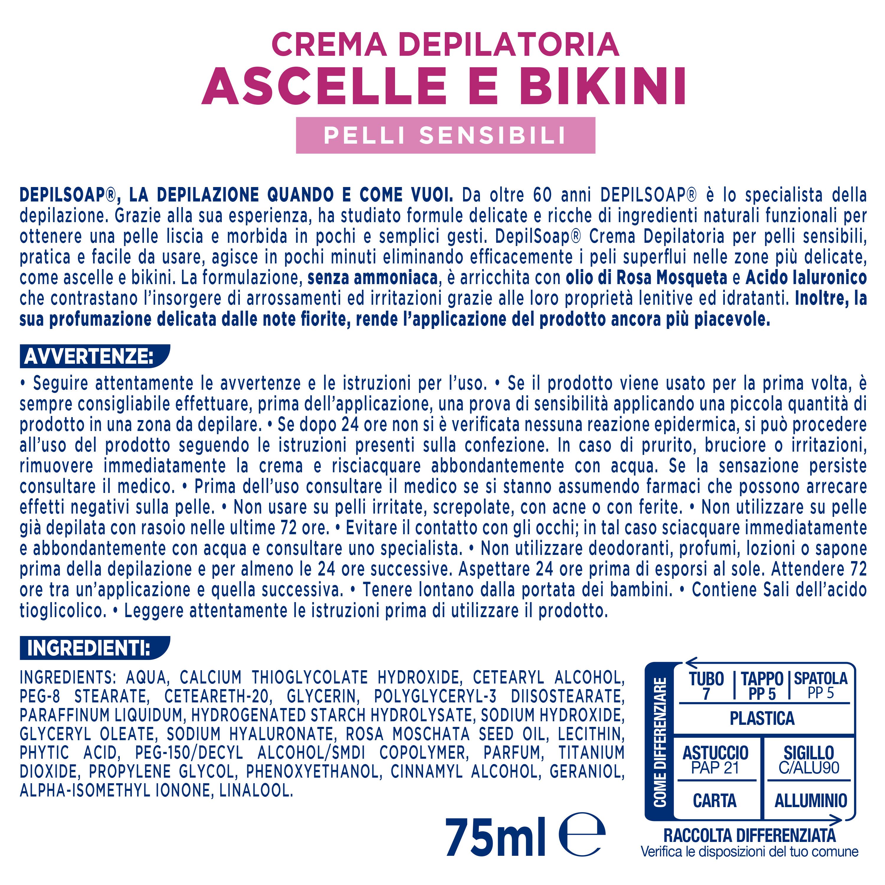 Depilsoap® Crema Depilatoria Ascelle e Bikini 75 ml – Pelli sensibili – Senza ammoniaca