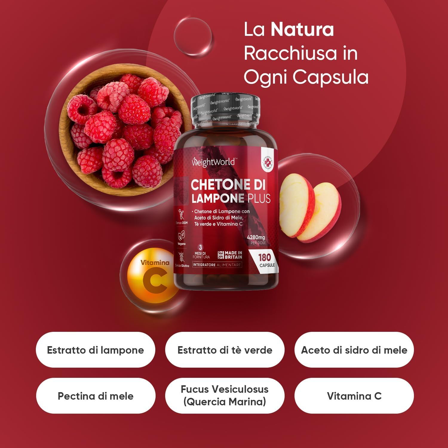 Prodotto: Chetone di Lampone Plus, 180 capsule. Testo: Chetone di Lampone con Aceto di Sidro di Mele, Vitamina C. Prodotto in GB.