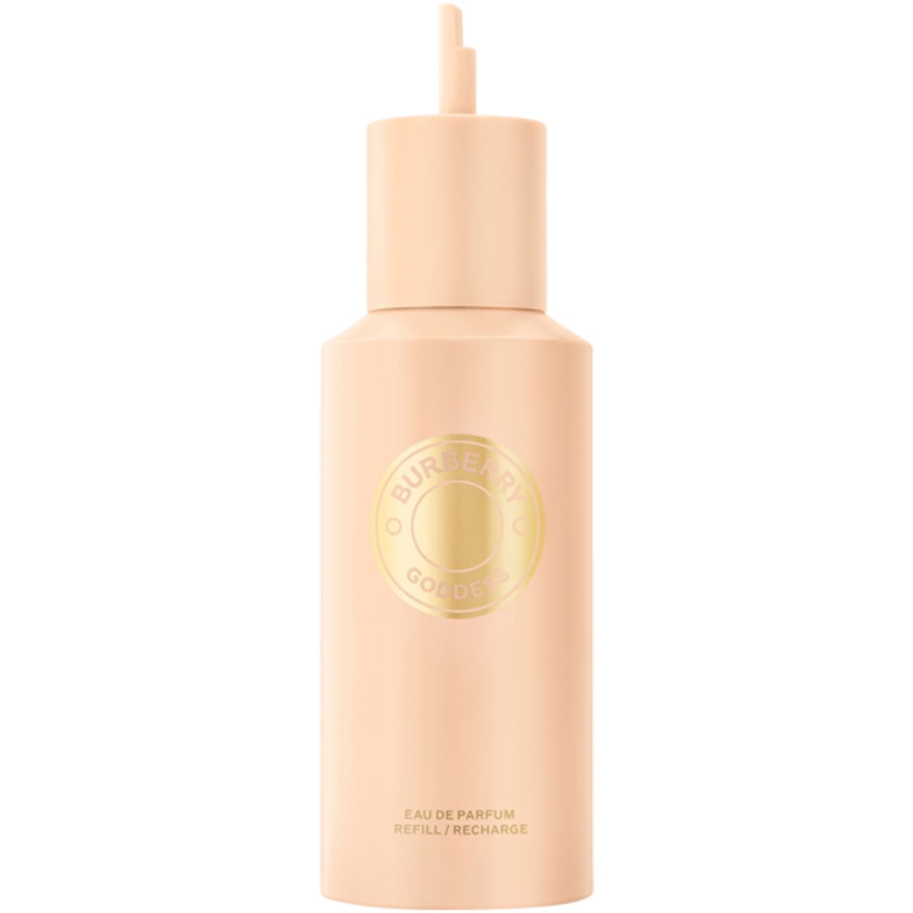 Flacone beige con logo dorato. Scritta: Burberry Goddess, Eau de Parfum, Refill/Recharge.