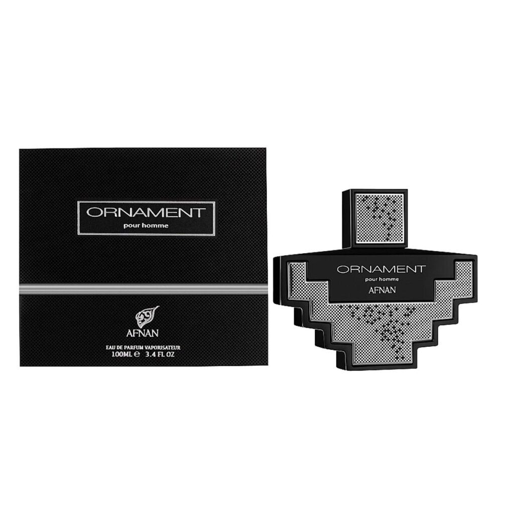 Flacone di profumo nero e confezione. Scritta "Ornament" e "Afnan". Design quadrato con dettagli argentati.