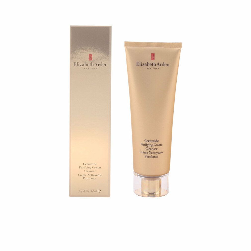 Tubo e confezione del prodotto affiancati. Dorato. Testo: Ceramide Purifying Cream Cleanser. Marchio: Elizabeth Arden.