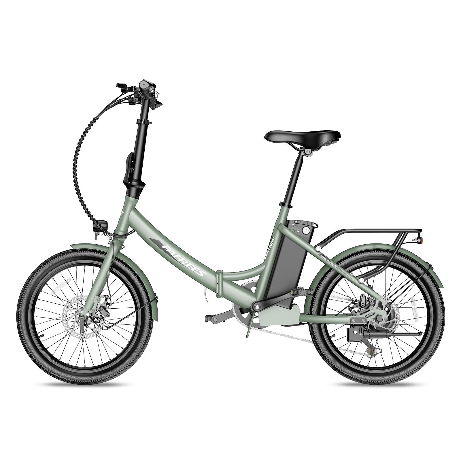 E-bike Fafrees F20Light verde chiaro. Telaio pieghevole, portapacchi, parafanghi. Pneumatici e sella neri. Batteria sul telaio.