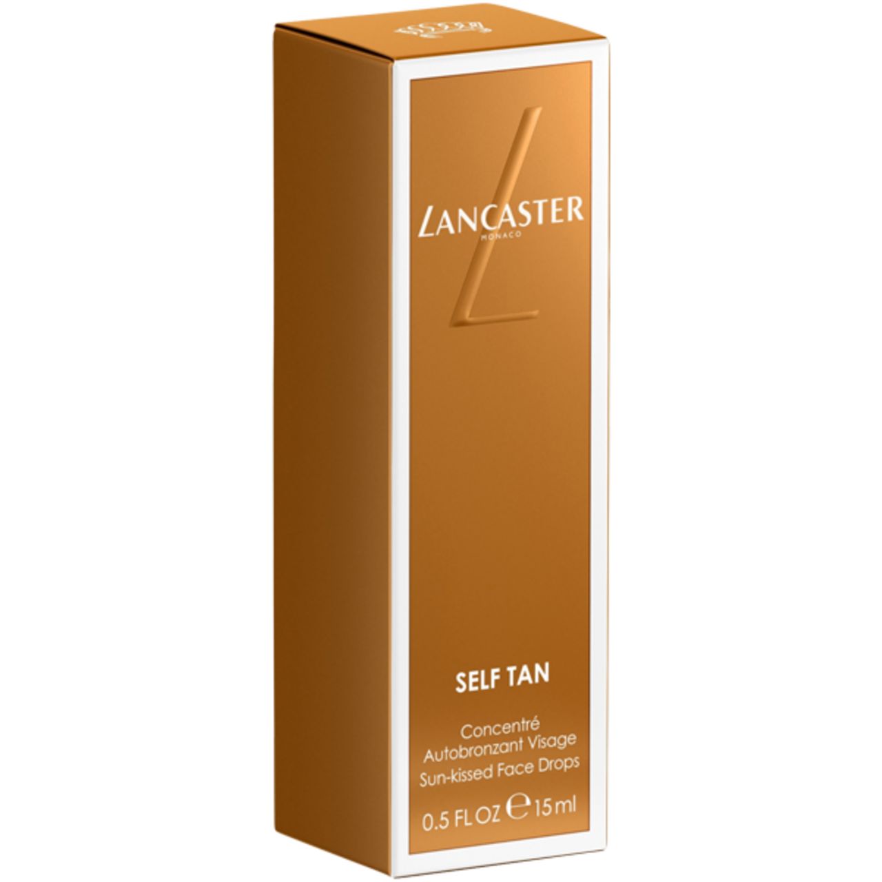 Scatola marrone con cornice bianca. Scritta: Lancaster, Self Tan, Concentré Autobronzant Visage, 0.5 FL OZ 15ml.