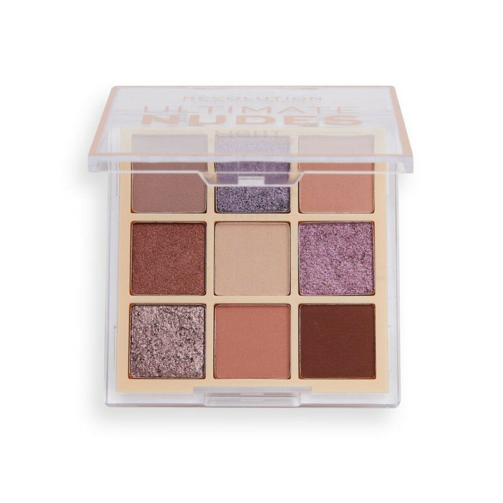 Palette ombretti aperta con nove tonalità. Scritta: ULTIMATE NUDES LIGHT. Confezione trasparente.