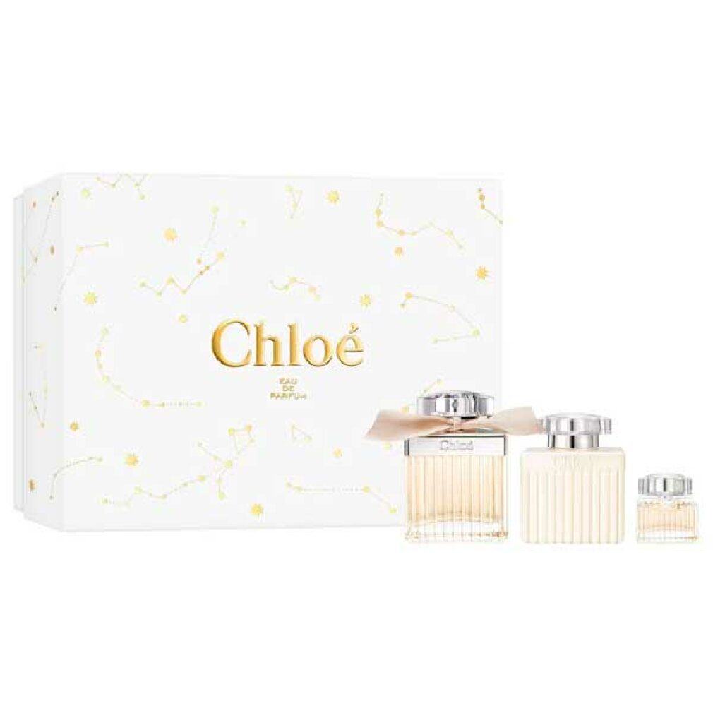 Set regalo Chloé con tre flaconi e scatola bianca. Scritto "Chloé Eau de Parfum".