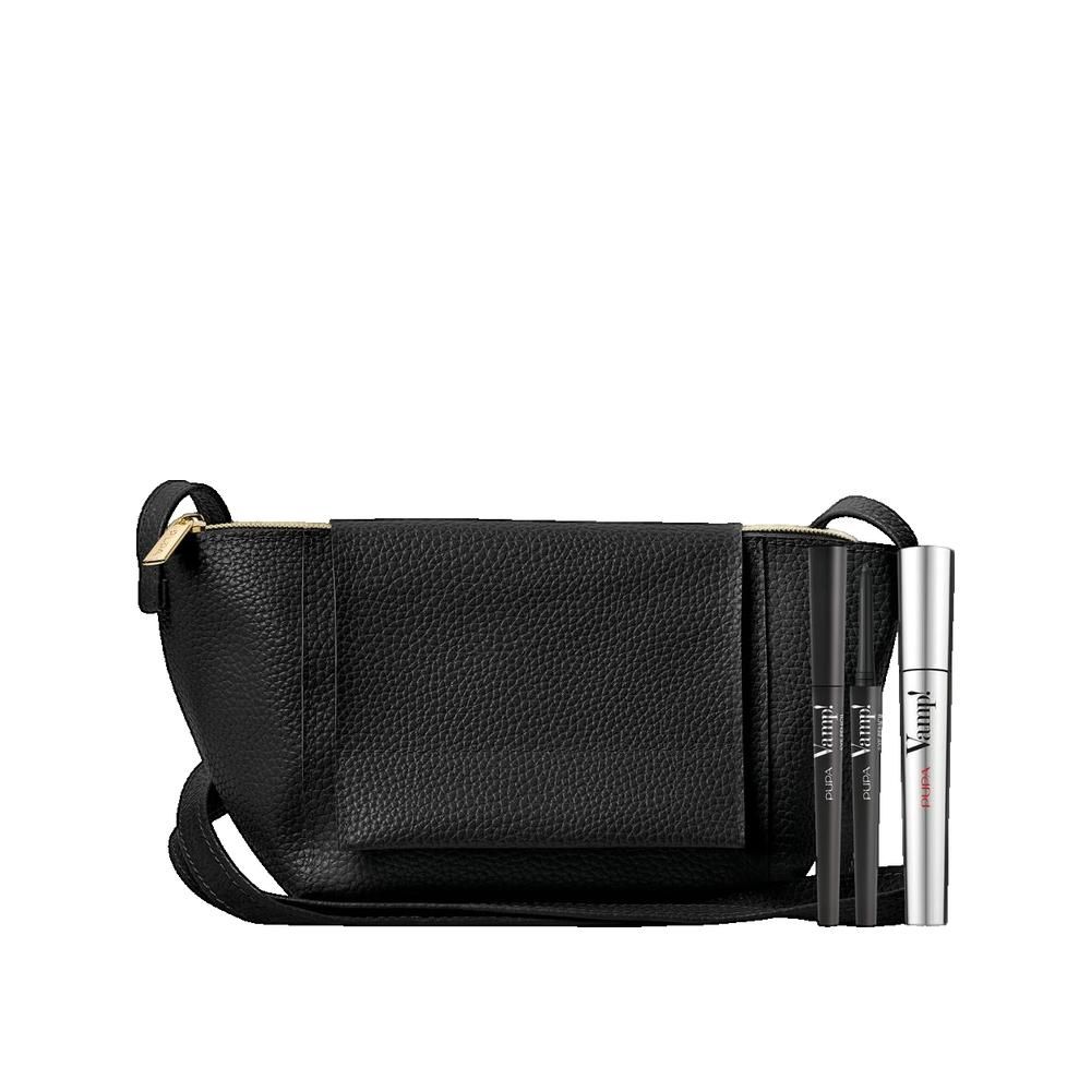 Pochette cosmetica nera con zip. Contiene due eyeliner neri e un mascara. Scritta: Pupa Vamp!