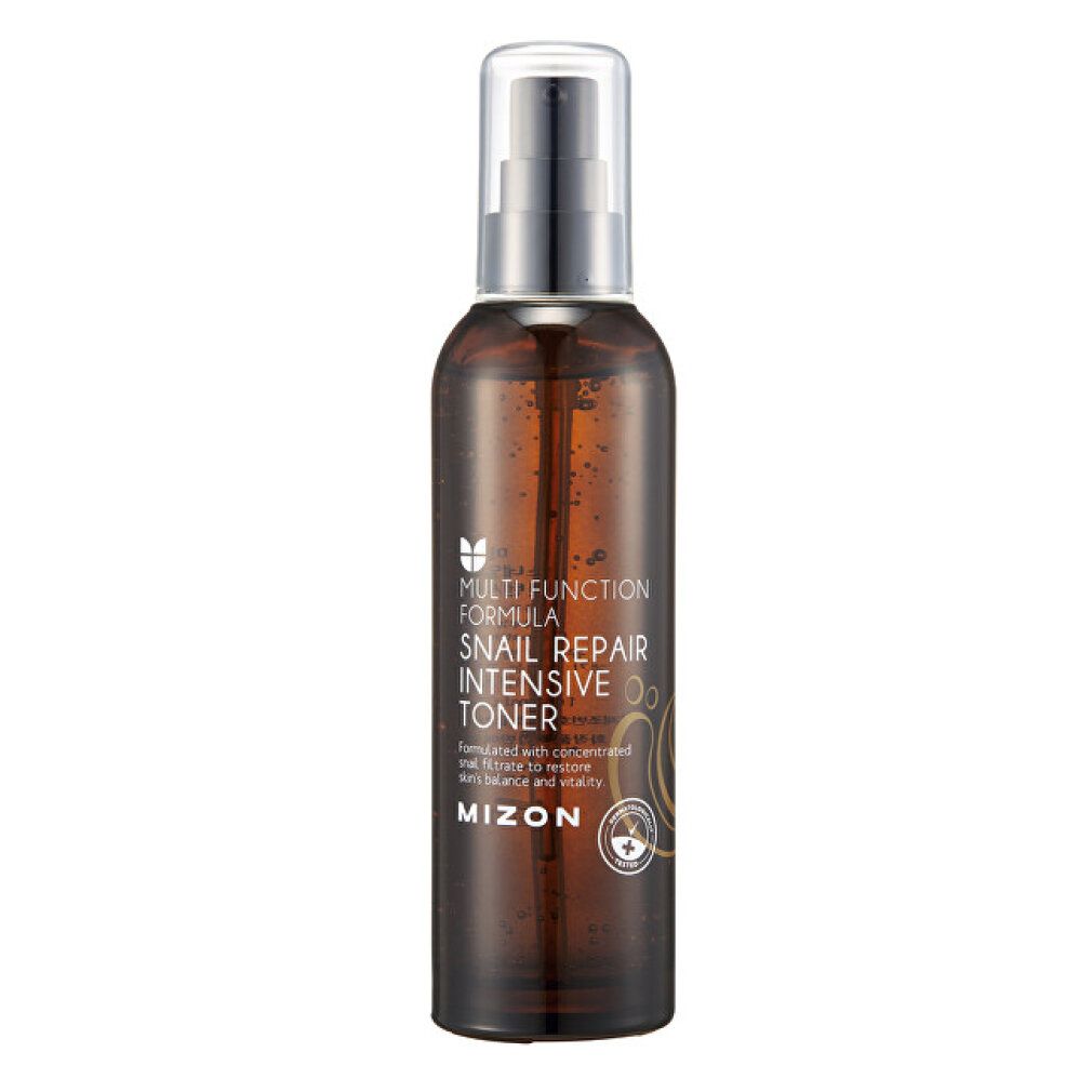 Flacone marrone con erogatore a spruzzo. Scritta: Multi Function Formula, Snail Repair Intensive Toner. Marchio: MIZON. Con marchio di qualità.