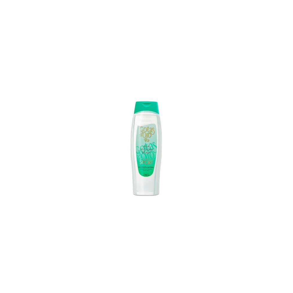 Flacone trasparente con tappo verde. Scritta: Gocce d'Oro Sport. Etichetta verde-oro con testo.