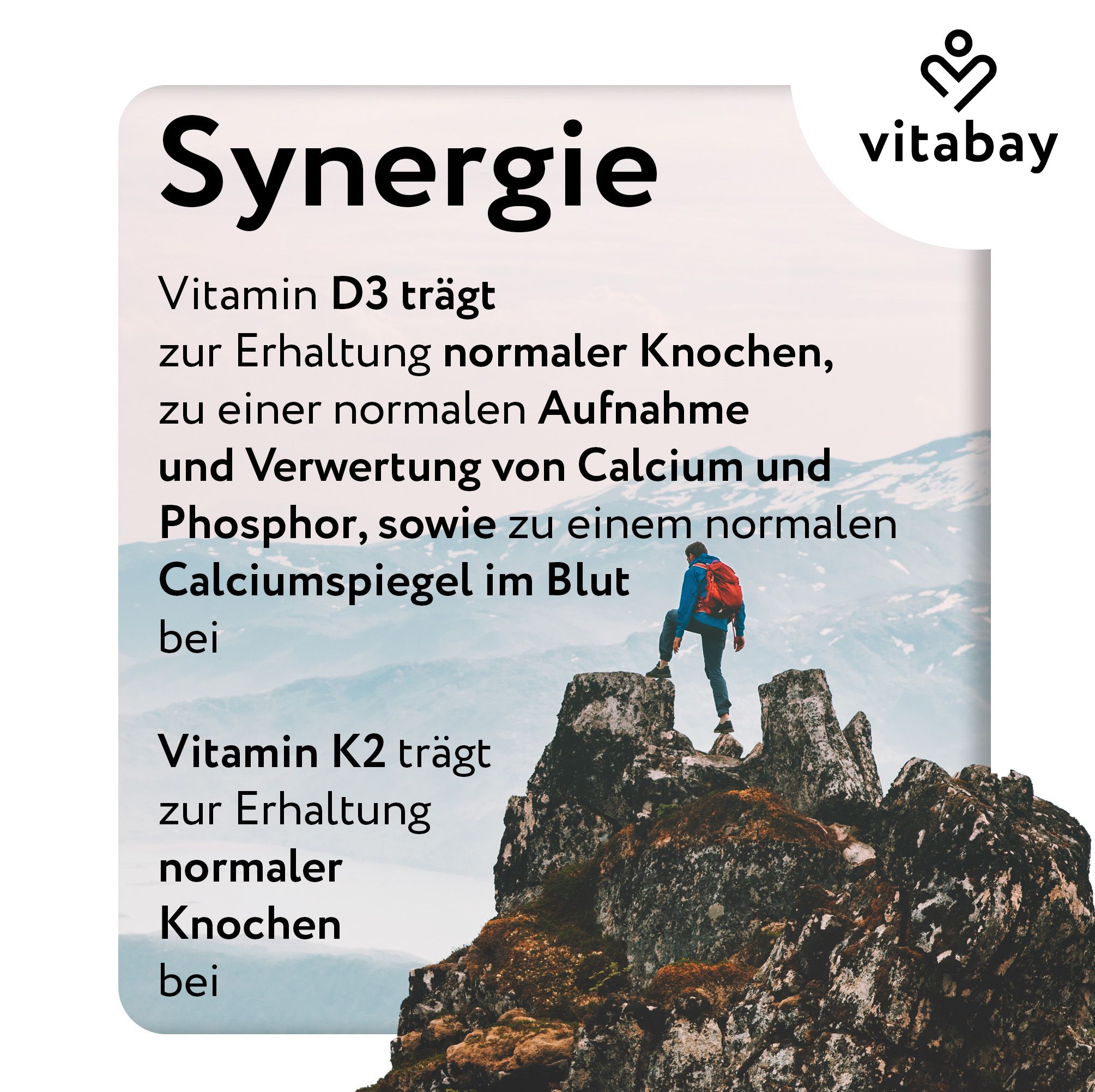 Logo Vitabay. Testo: Sinergia. Vitamina D3 e K2. Uomo su una montagna. Testo: La vitamina D3 contribuisce a... La vitamina K2 contribuisce a...