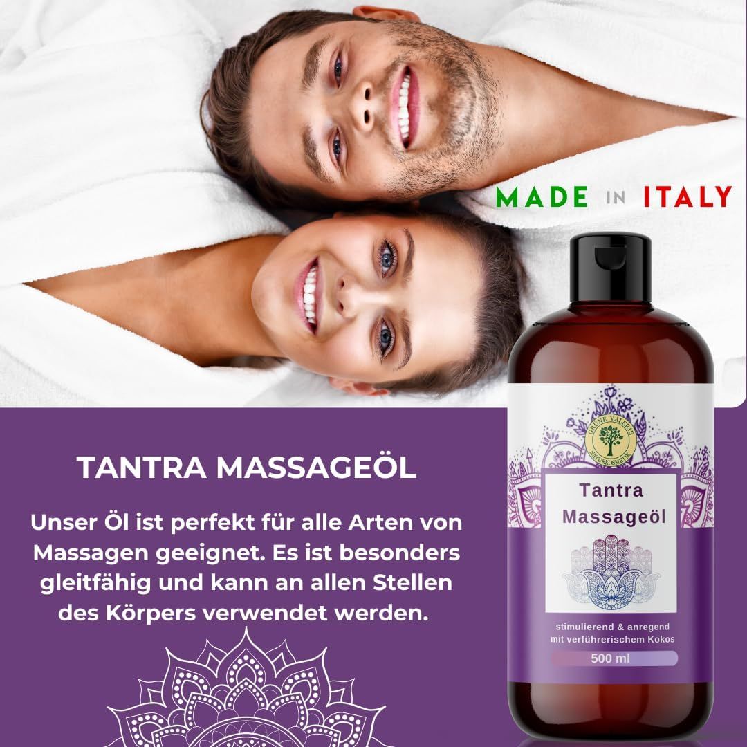 Bottiglia marrone di Tantra Massageöl. Scritta: Tantra Massageöl. Made in Italy. Due persone sullo sfondo.