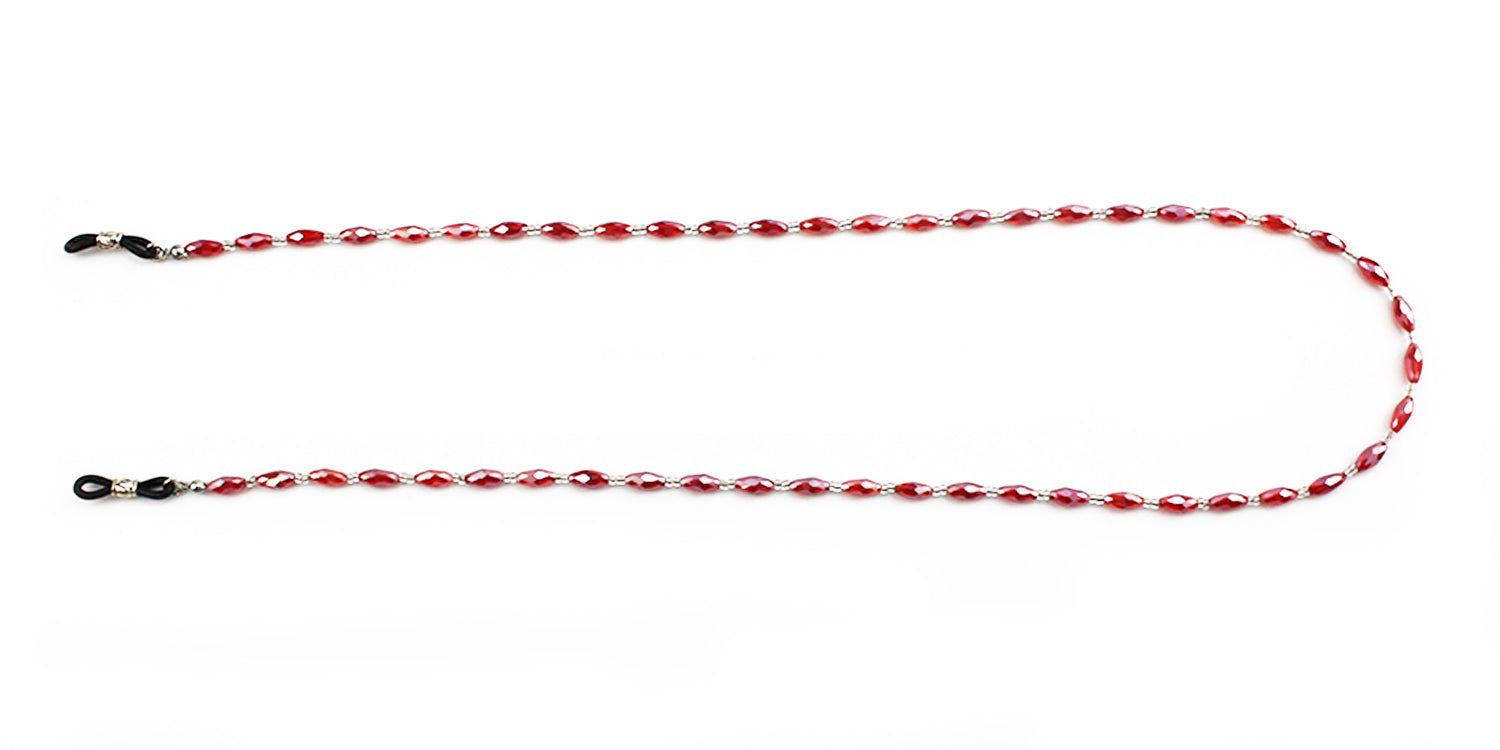 Catenina per occhiali con perline ovali rosse e connettori argentati. Anelli in gomma nera per il fissaggio agli occhiali.